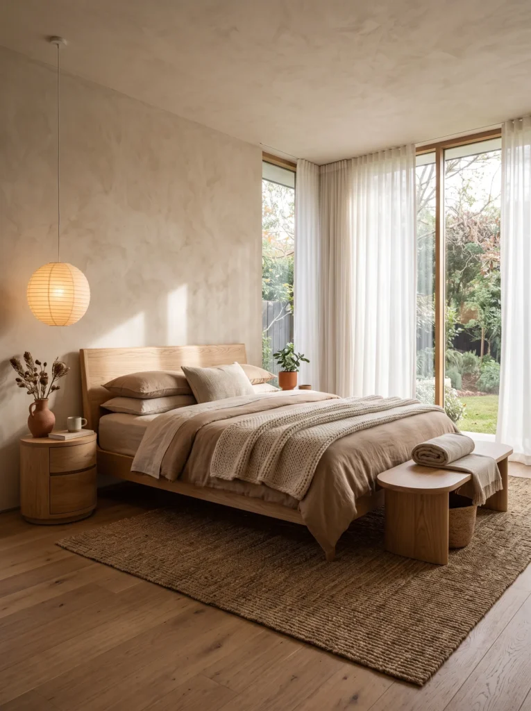 Textured handwoven grass fiber rug beneath a curved ash wood bed