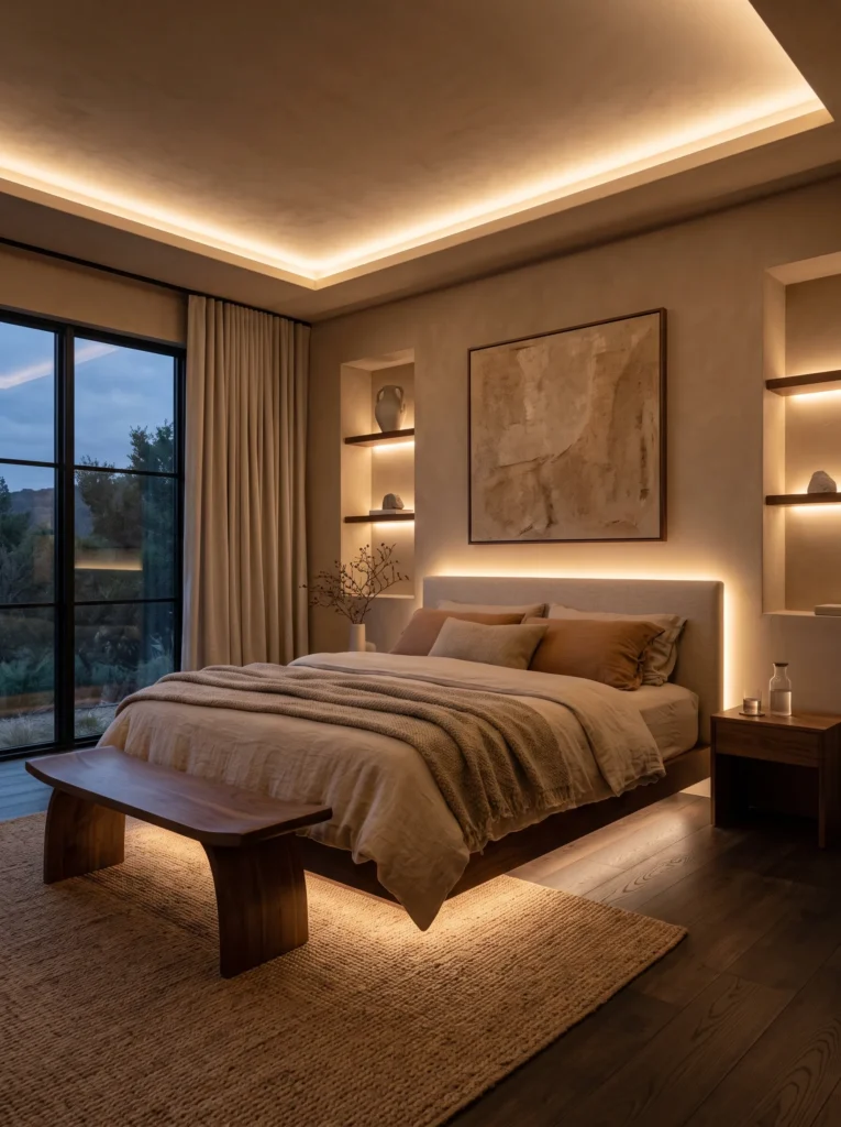 Concealed warm LED lighting glowing behind a floating headboard