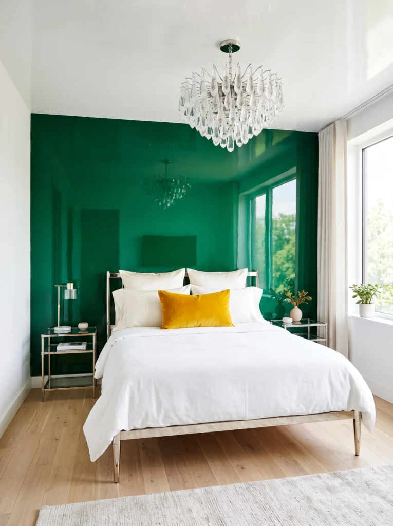 High-gloss lacquered emerald wall behind a polished nickel bed