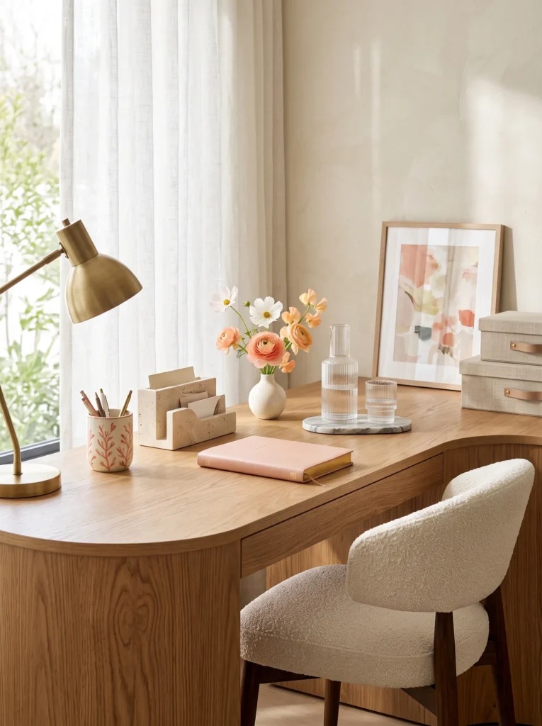 Coral-style home office desk with ceramic pen cup and travertine organizer