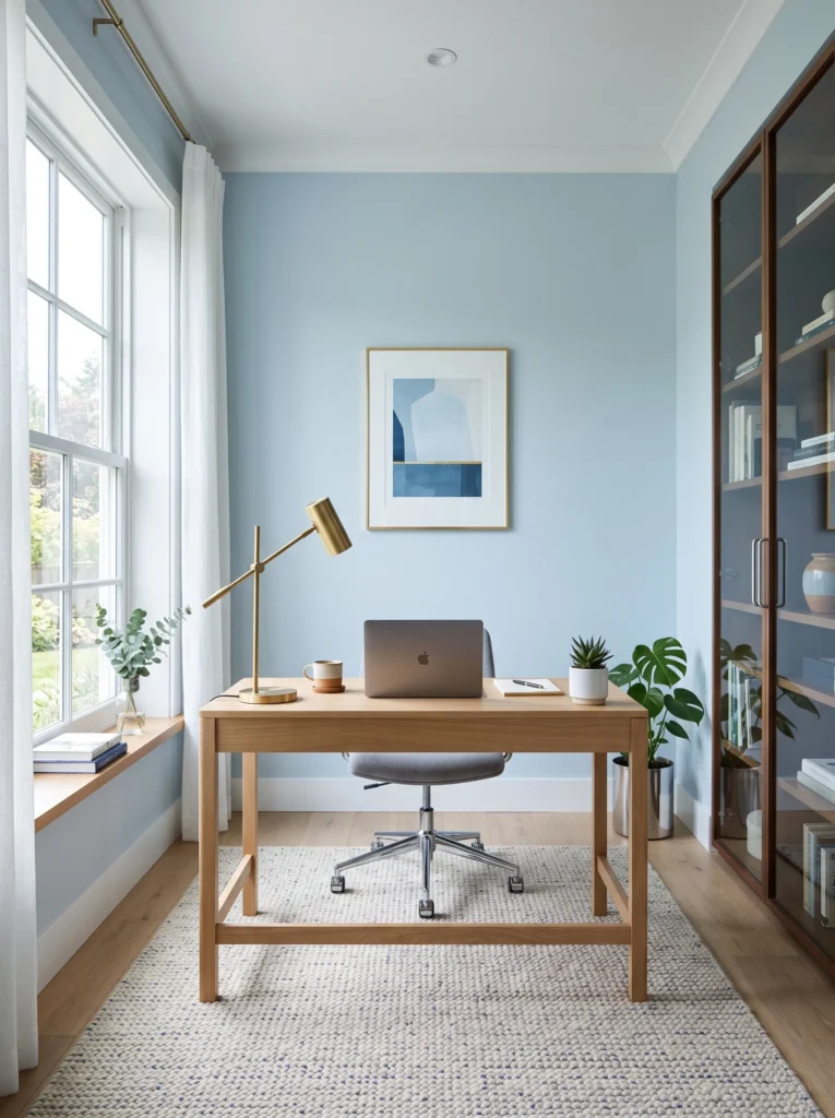 Icy cool blue home office wall with white oak desk and brass task lamp