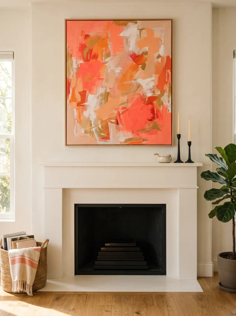 Matte black lacquer trays stacked inside a fireplace firebox for summer styling