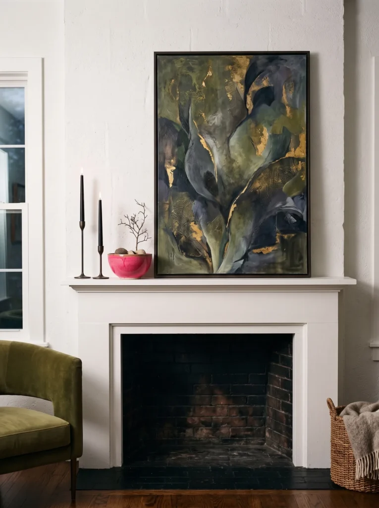 Gold-rimmed glassware stacked flat inside a fireplace firebox