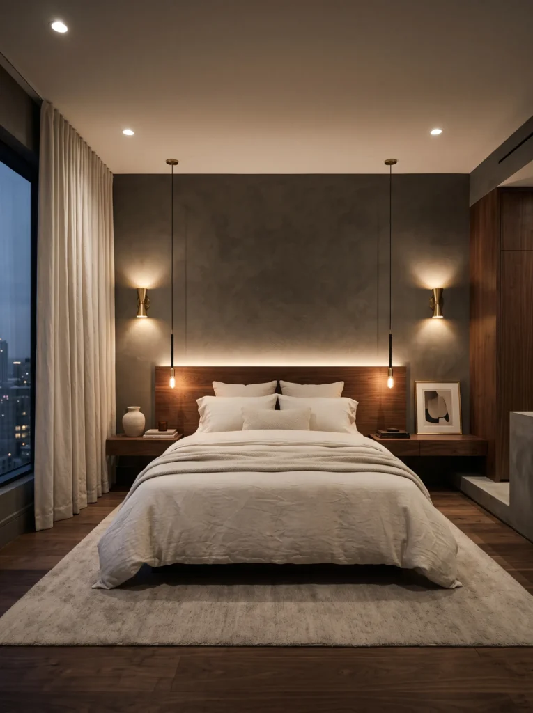 warm wall sconces and hidden headboard lighting in a dark greige bedroom
