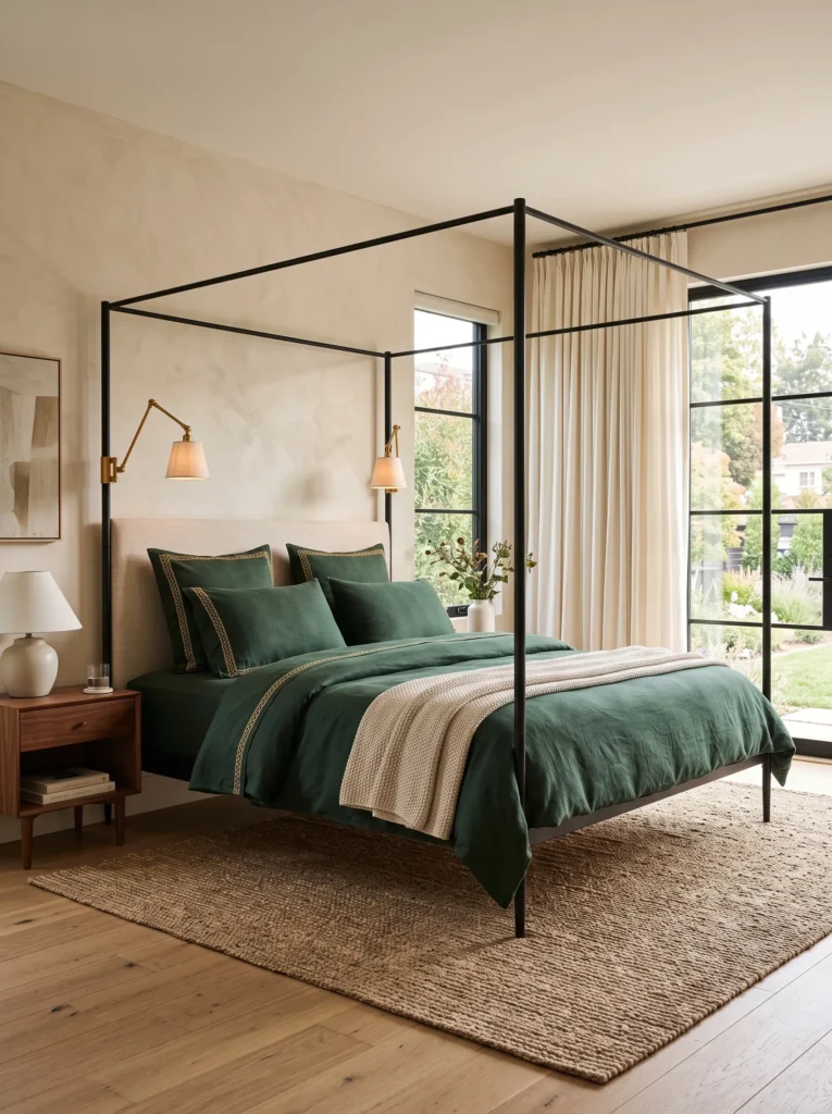 Hunter green bedding under a bare blackened iron canopy frame