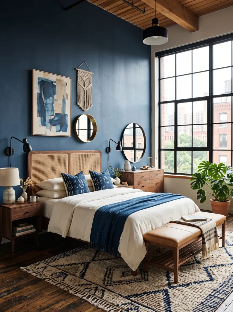 Indigo blue artisan bedroom with woven rattan headboard and camel leather accents