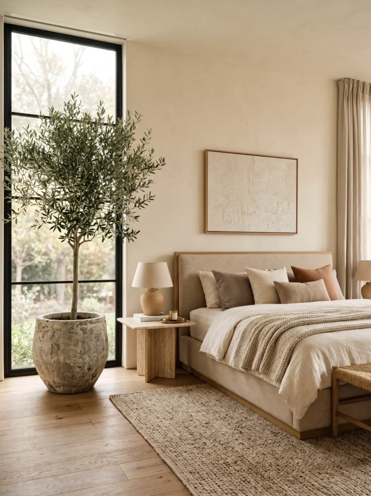 travertine side table and woven wool rug beside an indoor olive tree