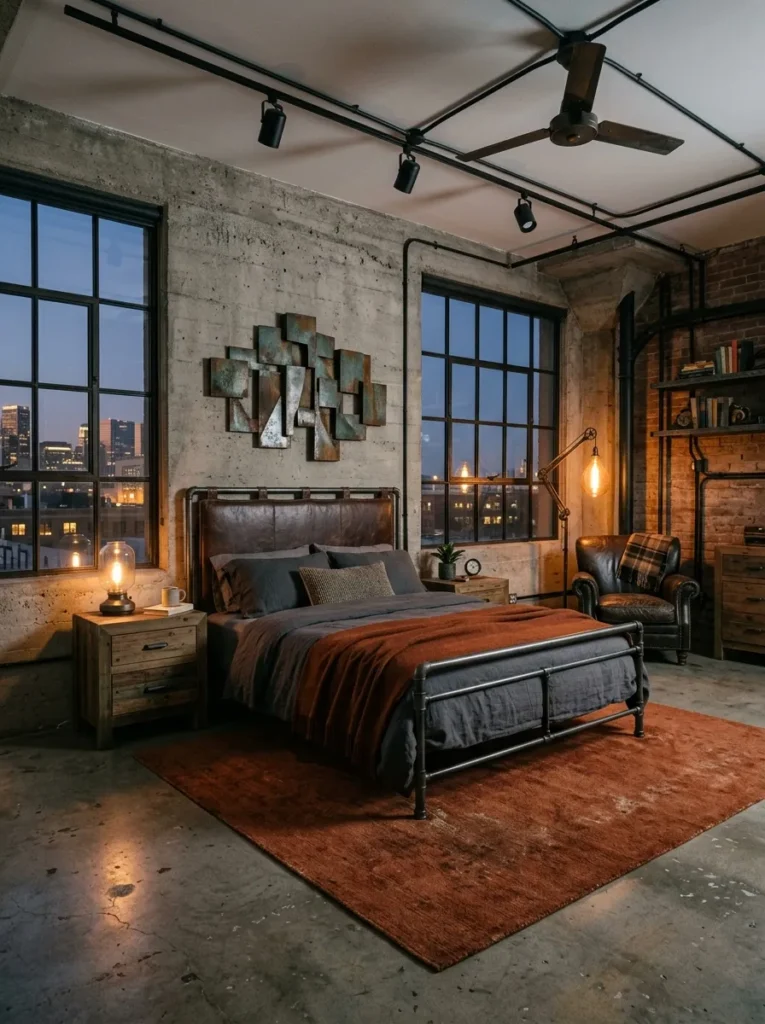 Industrial boho loft bedroom with concrete floors and steel bed frame