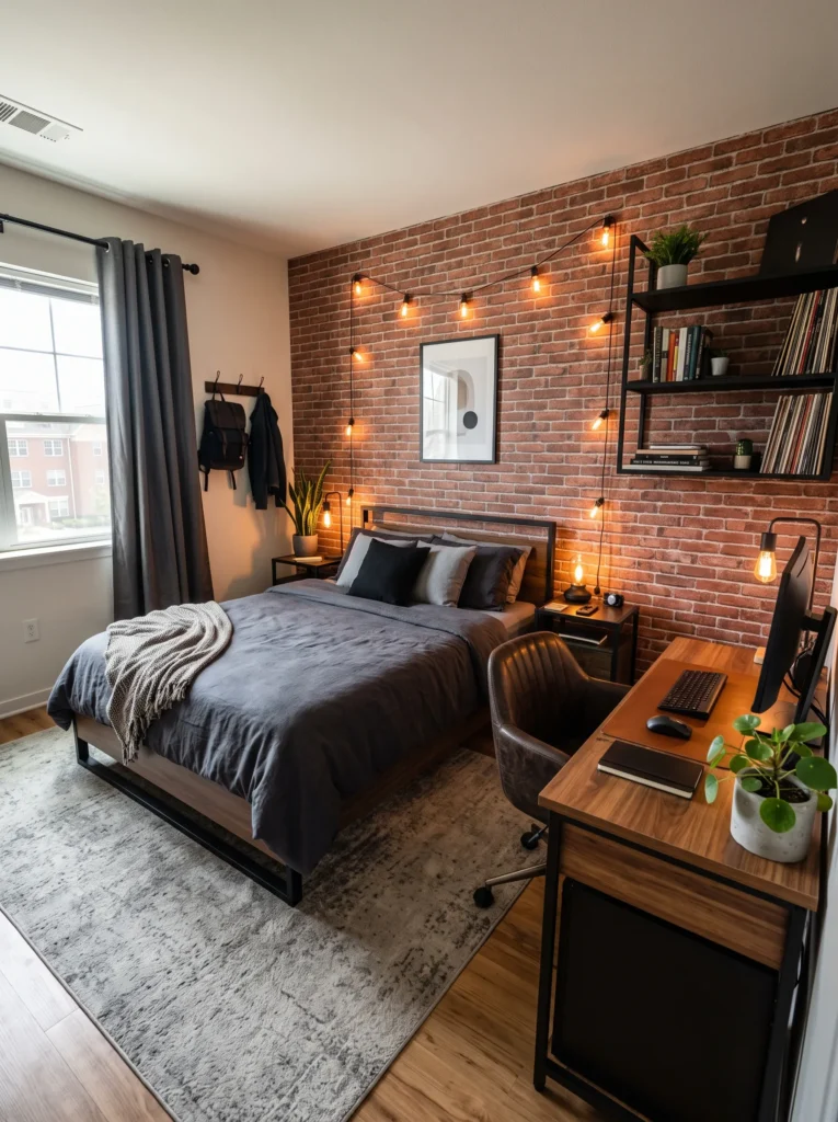 Faux exposed brick accent wall behind a low-profile dorm bed with black metal shelving and leather chair — industrial dorm room ideas for guys.
