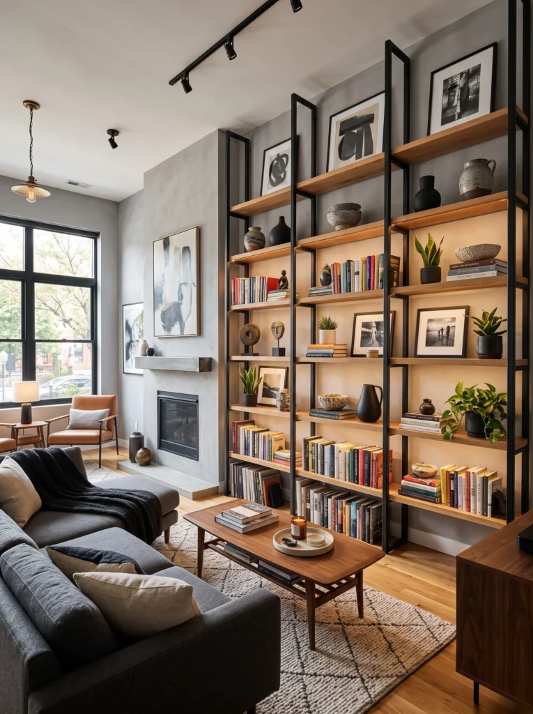 Matte black industrial metal shelving styled with books and decor in a modern living room