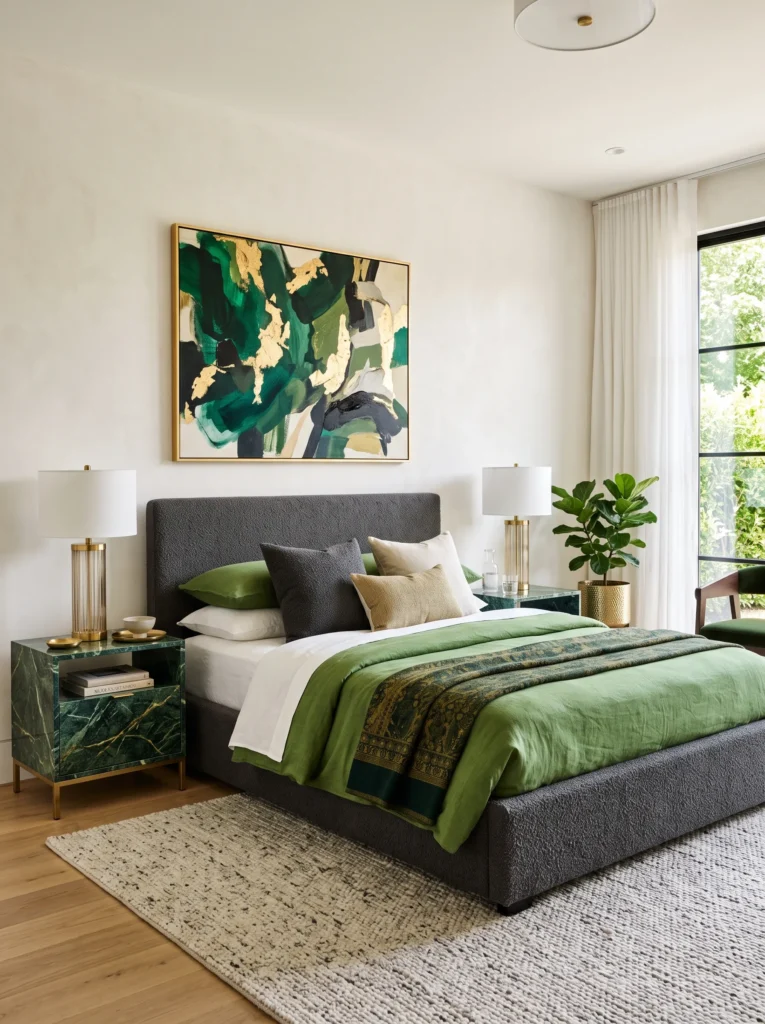 Green-black marble nightstands with subtle gold veining