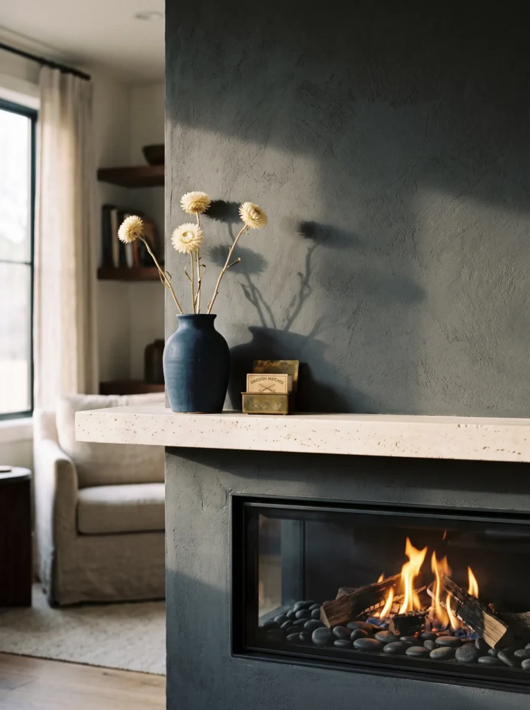 Ink-navy vase with ivory strawflower stems on a stone mantel