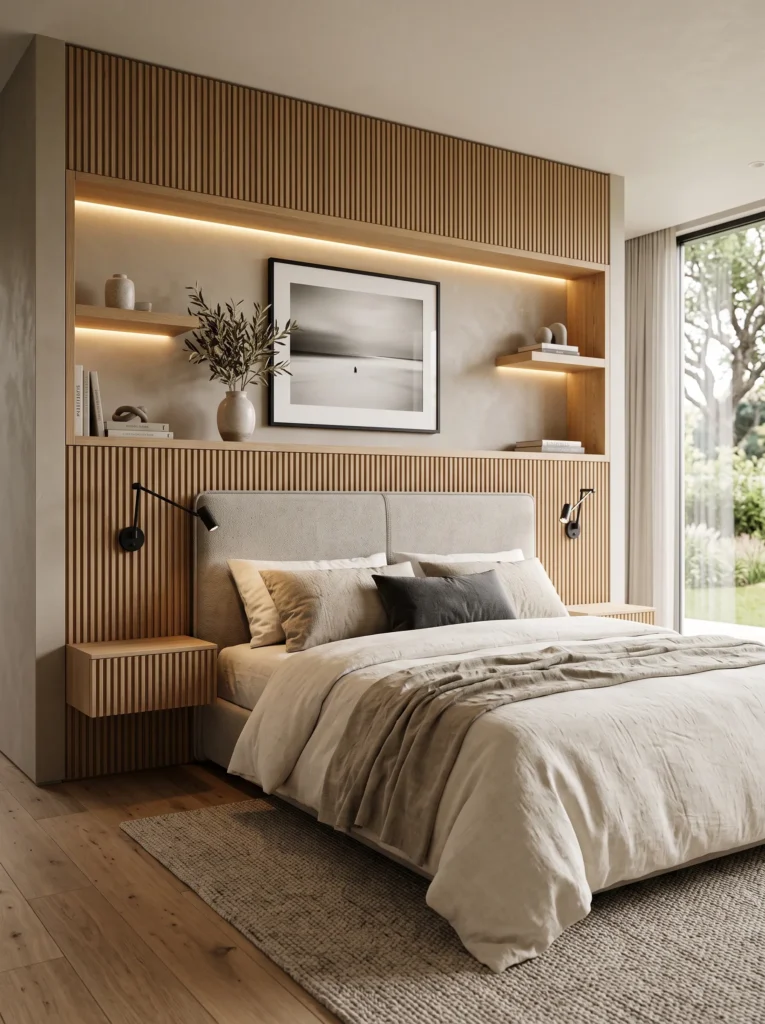 ribbed oak panels and matte black reading lights on an integrated headboard wall