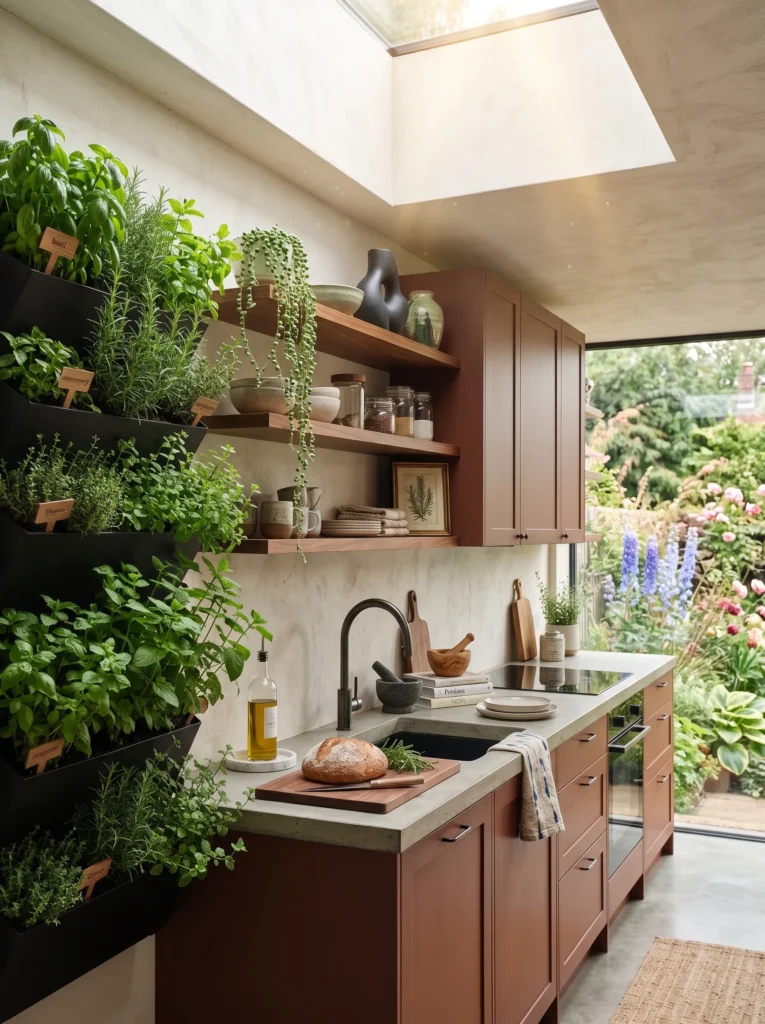 Modern boho kitchen decor living herb wall with matte black planters holding basil, rosemary, and thyme.