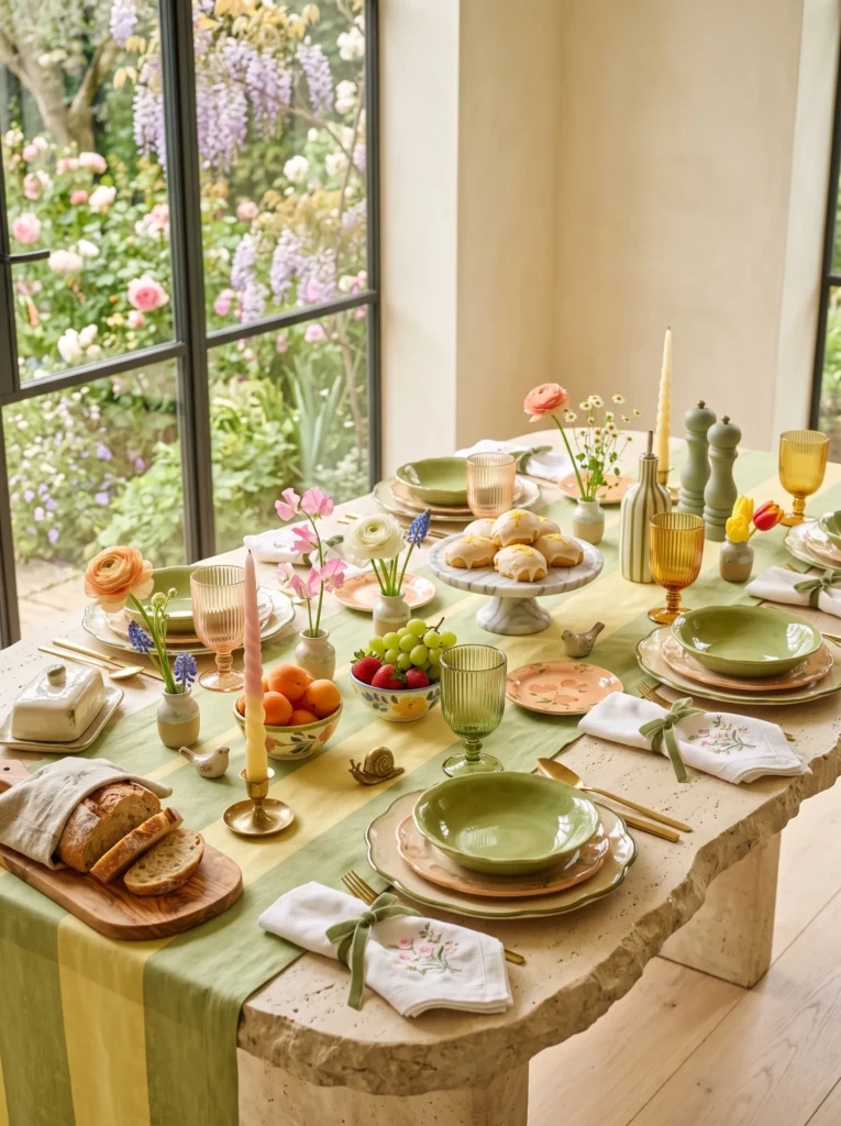 Italian-inspired pistachio and butter-yellow brunch table with hand-thrown ceramic bud cups