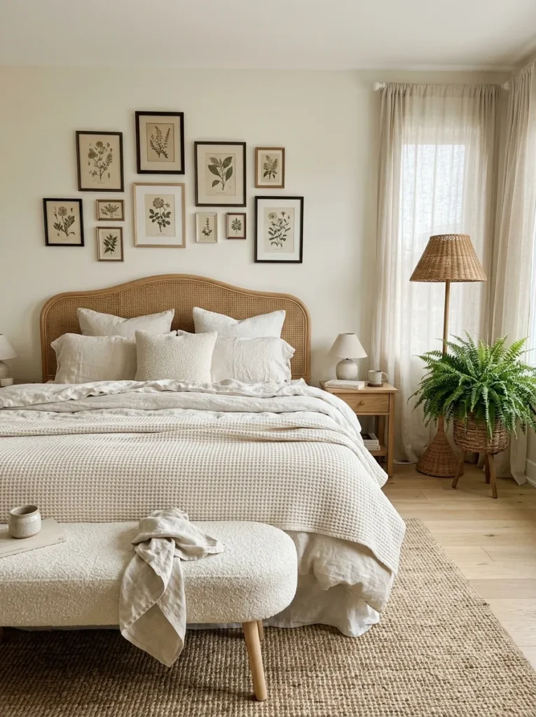 Ivory botanical reading nest with wicker headboard and pressed botanical print wall