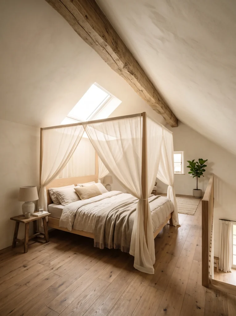 Exposed raw oak ceiling beam in a lofted ivory bedroom