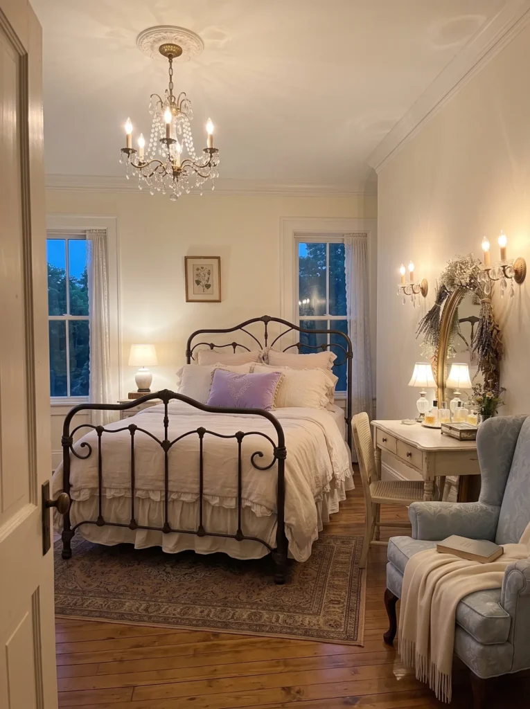 vory and blush lace bedroom with antique iron bed frame and vintage vanity mirror