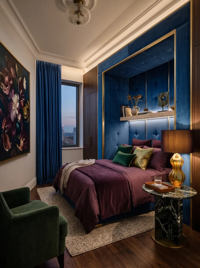  sapphire blue velvet alcove with brass trim and floating travertine shelves around the bed