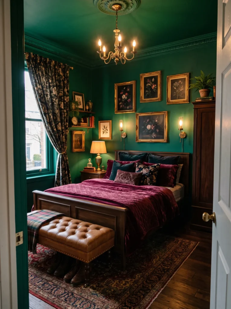 emerald green color-drenched small bedroom with velvet bedding and brass lighting