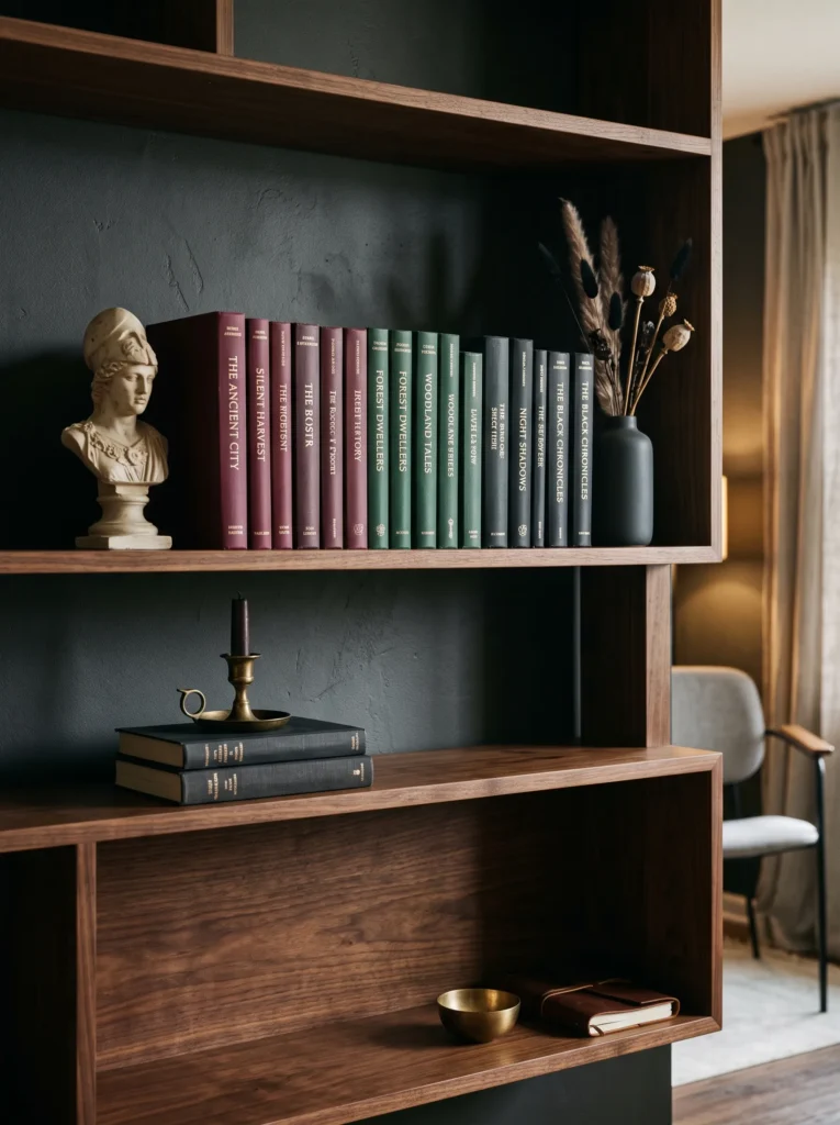 jewel-toned bookshelf styling with antique plaster bust and dark spines