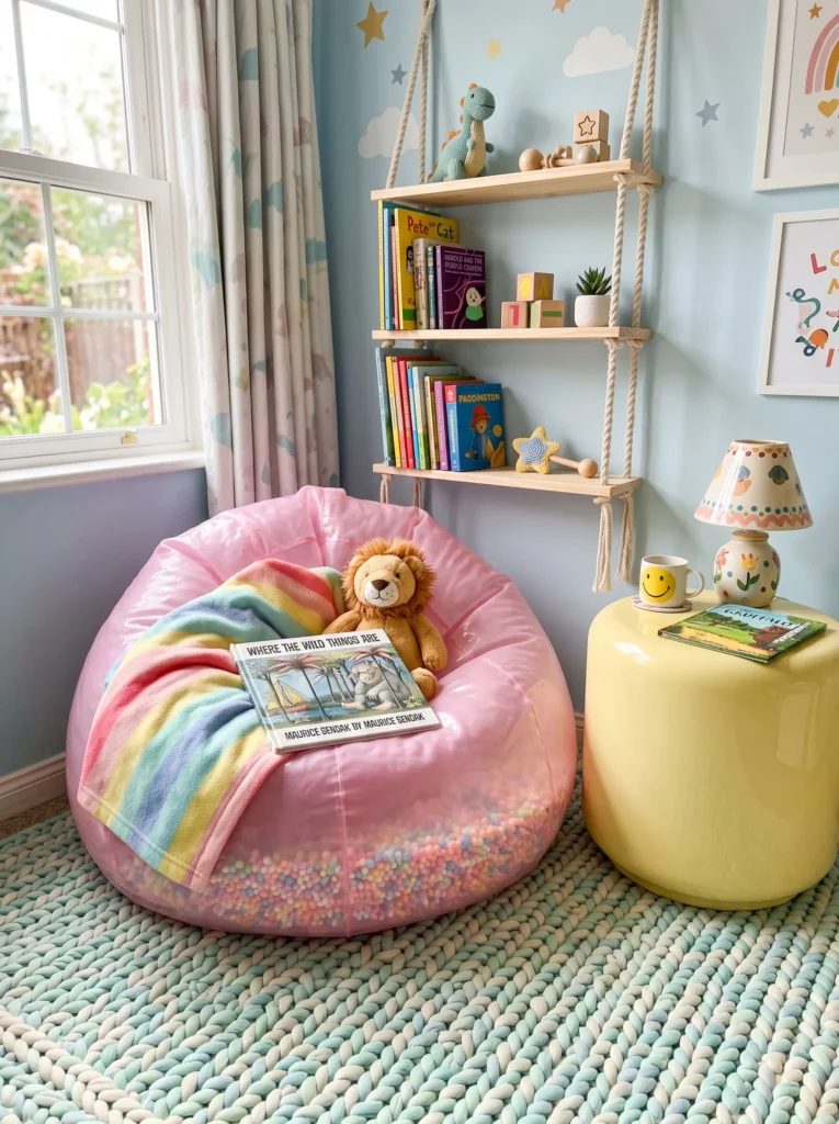 Glossy, rounded, bubblegum-pink bean bag chair in a playful kids' reading nook
