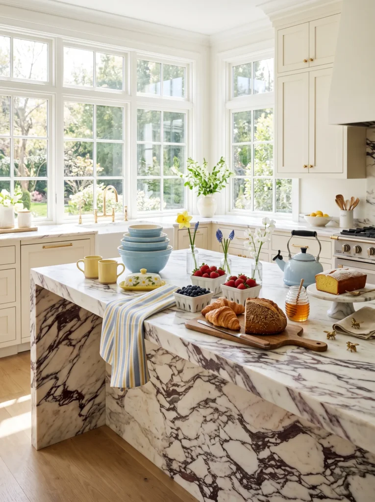 Kitchen island styled for spring with butter-yellow stoneware and fresh berries