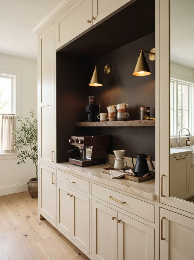 Small kitchen with espresso brown color-drenched coffee station alcove, smoked oak shelf, and brass sconces.