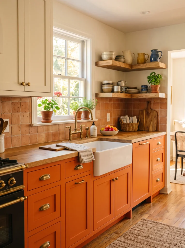 Persimmon-orange lower kitchen cabinets paired with white uppers and brass hardware