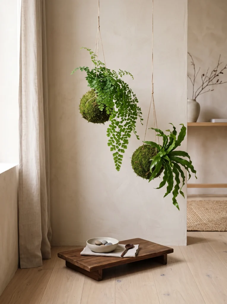 : Kokedama moss balls with trailing fern suspended above a wooden tray in a Japandi interior