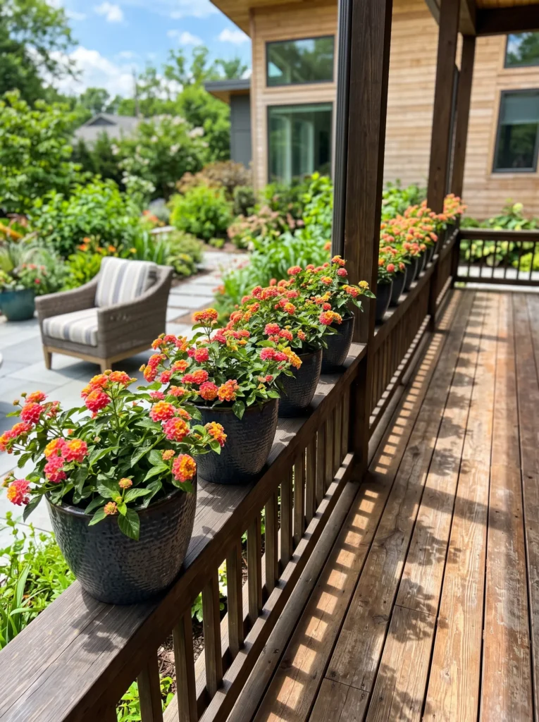 Charcoal-glazed pots of coral-and-yellow lantana lining a porch railing.