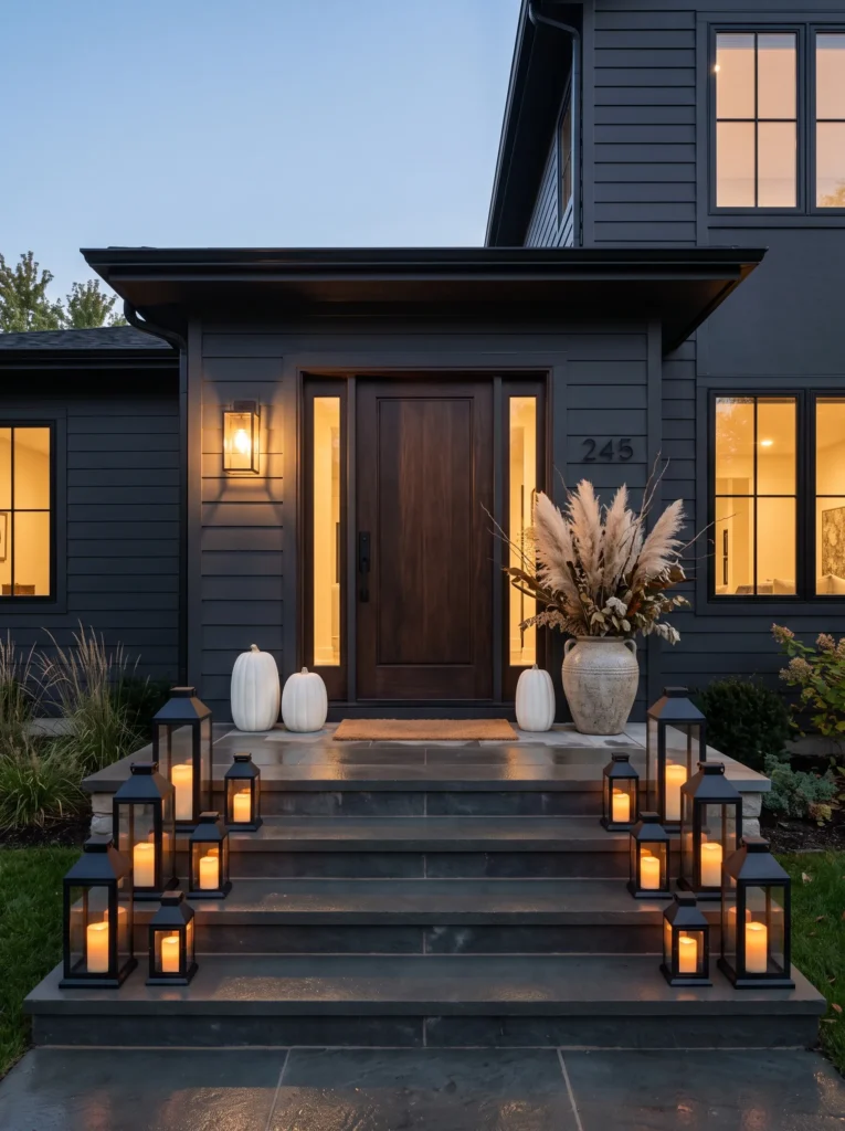black metal lanterns lining porch steps with white pumpkins at entry