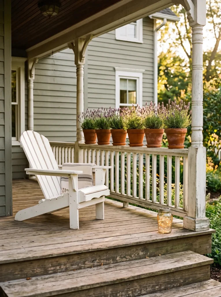 White Adirondack chair beside potted lavender on a farmhouse porch