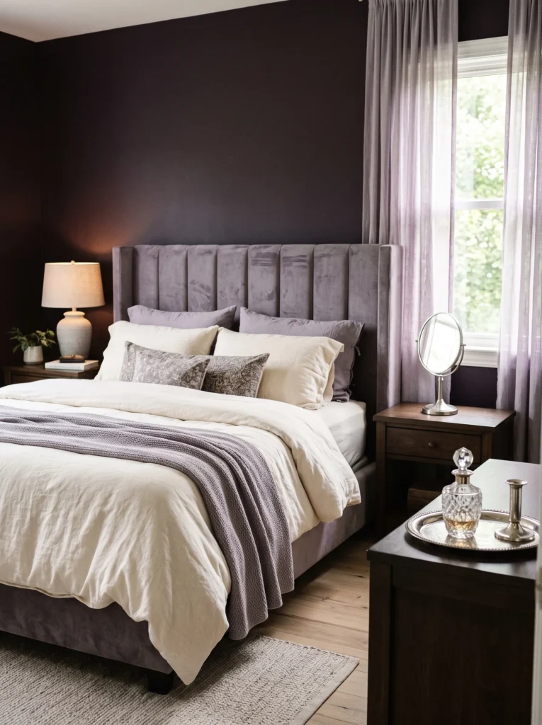 Ink-purple bedroom wall with a dusty lavender velvet headboard