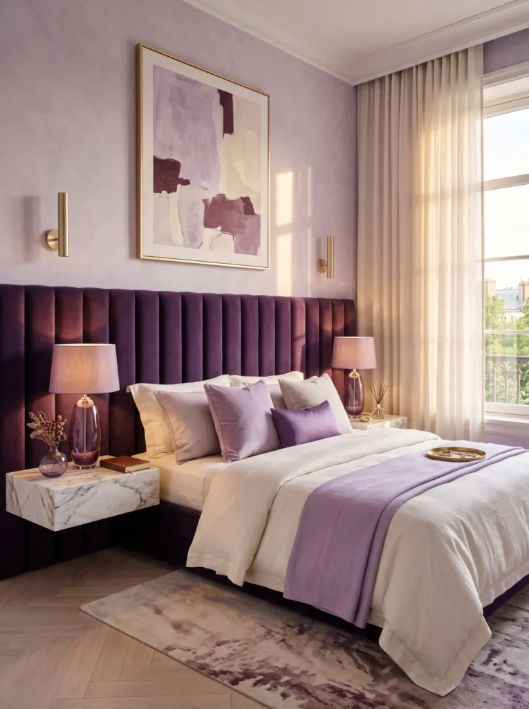 lavender limewash walls with an amethyst velvet channel-tufted headboard and floating marble nightstands