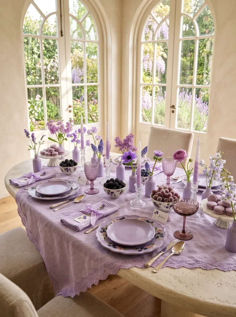Monochromatic lavender tablescape with matte lavender ceramics and mini bud bottles