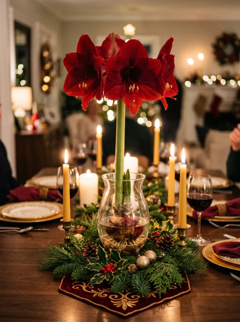 Amaryllis with tall red trumpet blooms in a clear glass forcing vase on a festive dining table