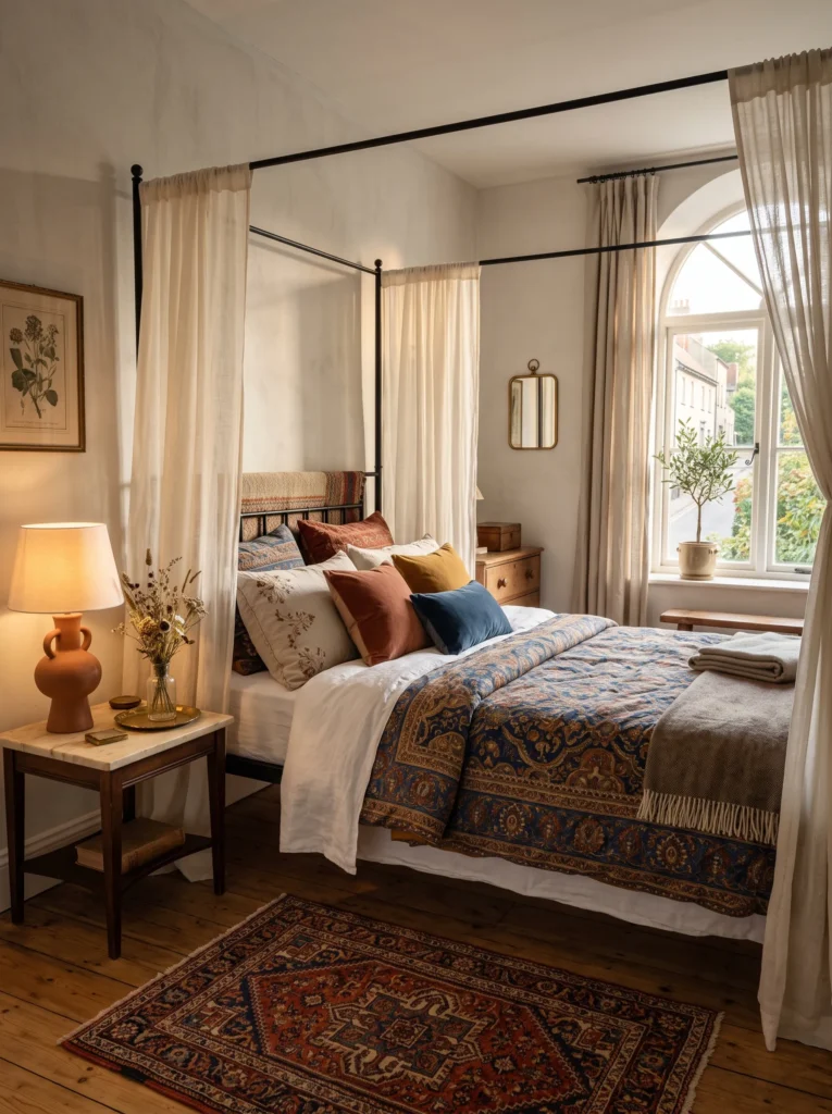slim black metal canopy bed with sheer linen curtains and a vintage rug in a small bedroom