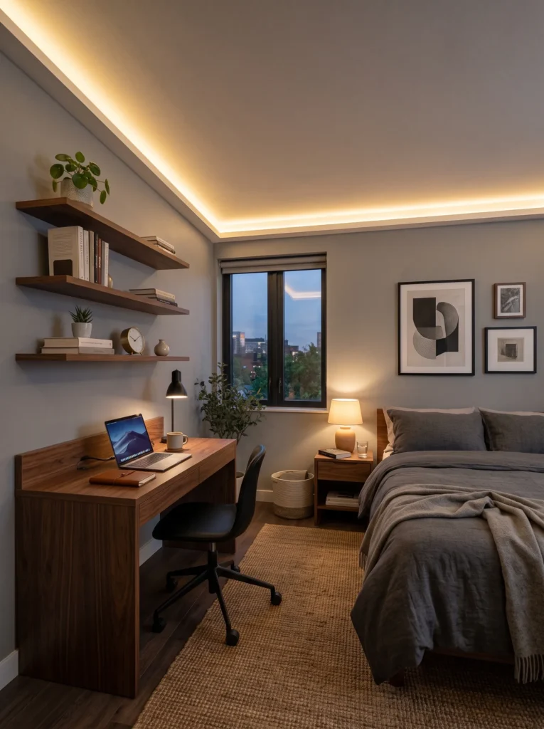 Dorm room with warm bedside lamp, hidden LED headboard strip, and adjustable desk lamp — dorm lighting ideas for guys.
