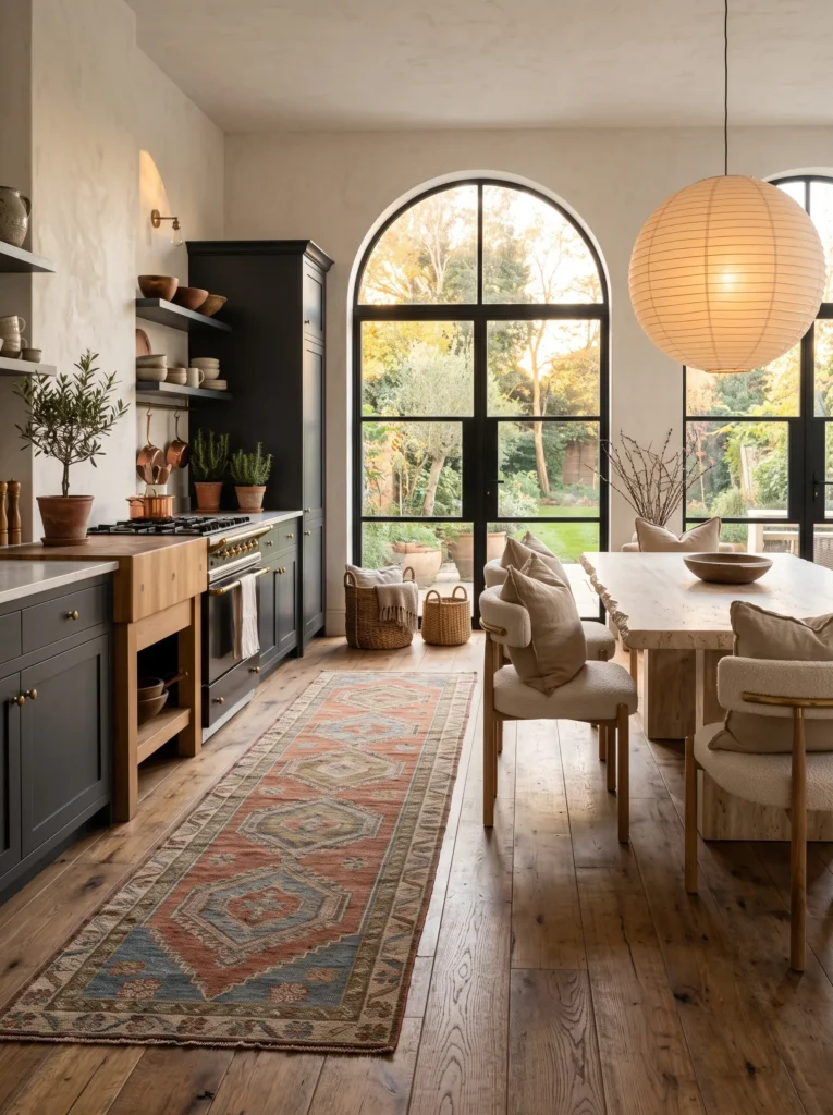 Modern boho kitchen decor with a handwoven runner, bouclé dining chairs, and a sculptural travertine dining table.