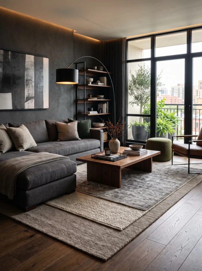 Layered textured rugs in ivory, taupe, and gray beneath a charcoal sectional sofa