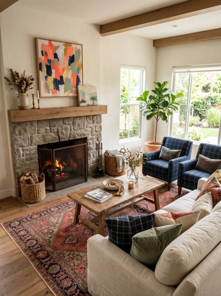 warm gray stone fireplace with patterned pillows and vintage rug