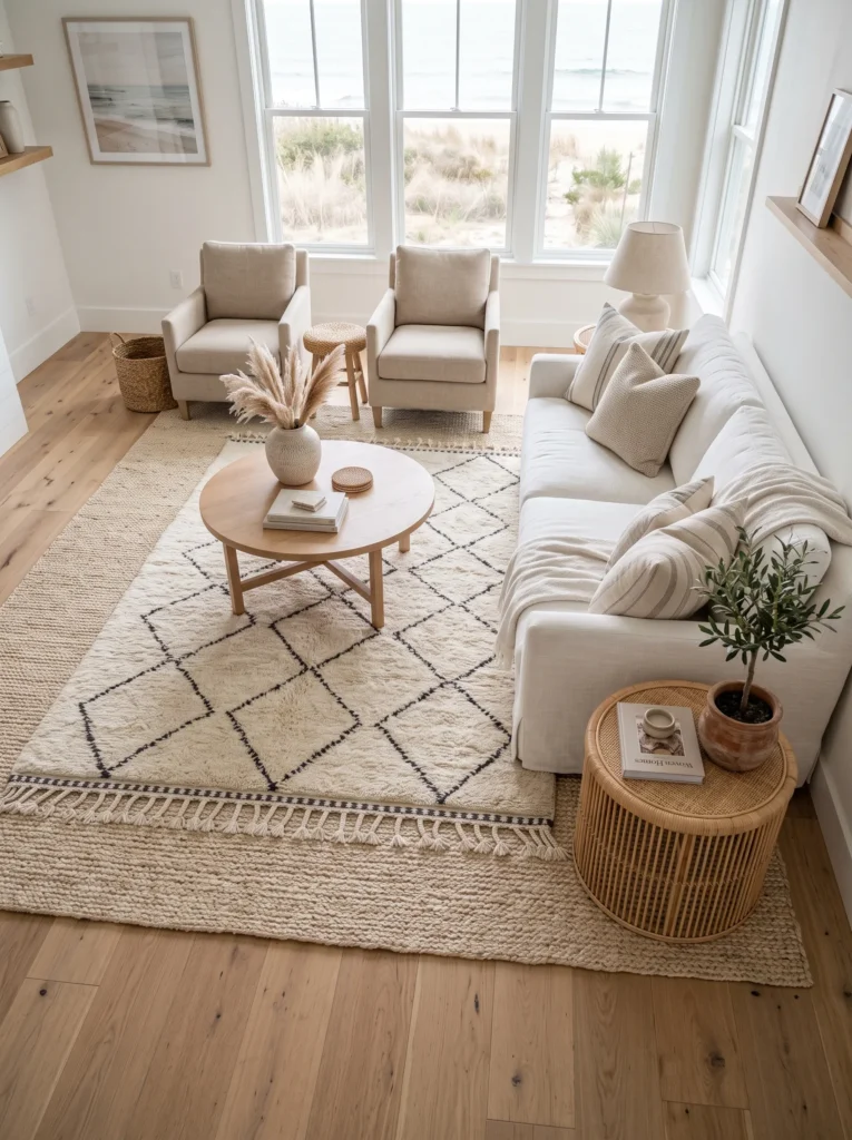 Layered jute and Berber-style rugs anchoring a coastal seating area