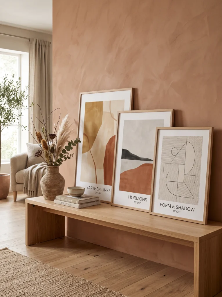Large framed art pieces leaning against a terracotta wall on a wooden console