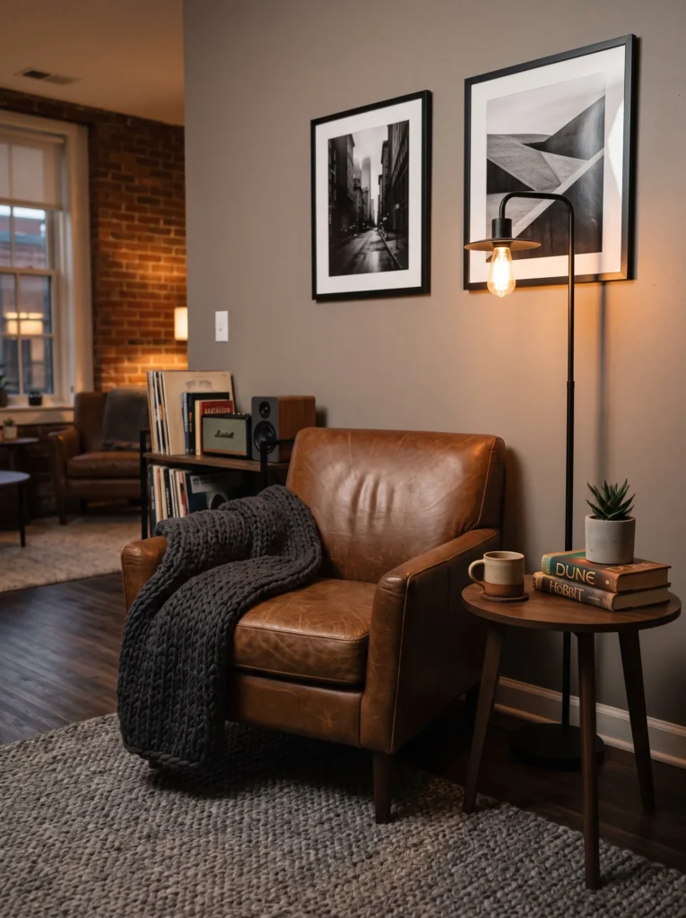 Brown leather accent chair with charcoal throw and black floor lamp in a dorm lounge corner — masculine dorm decor ideas for guys.