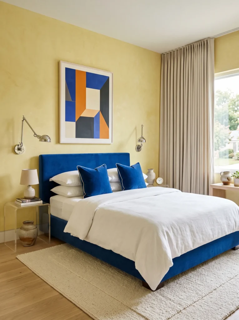 lemon yellow walls with cobalt blue upholstered bed and acrylic nightstand in a bright small bedroom