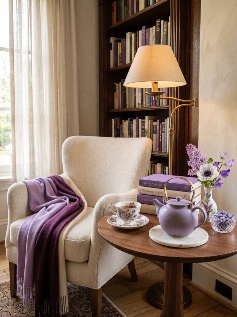 Lavender library side table with a matte teapot and stacked linen-bound books