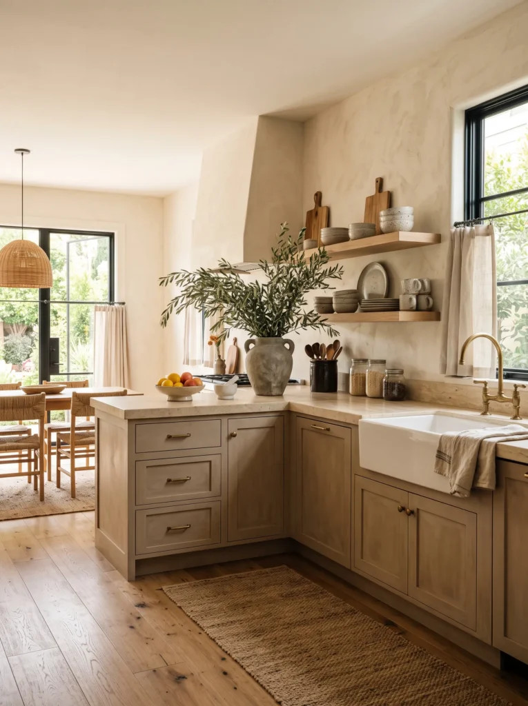 Modern boho kitchen decor with limewash mushroom-beige cabinets, travertine countertops, and white oak open shelving.