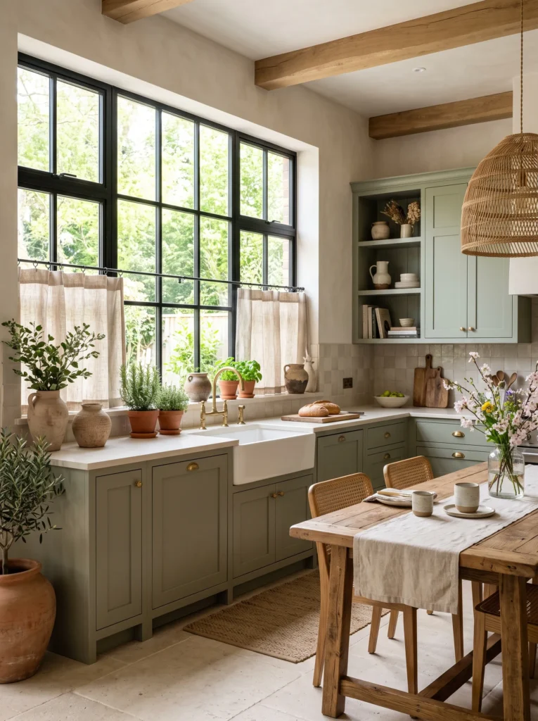 Modern boho kitchen decor with soft flax linen café curtains filtering sunlight through black steel windows.