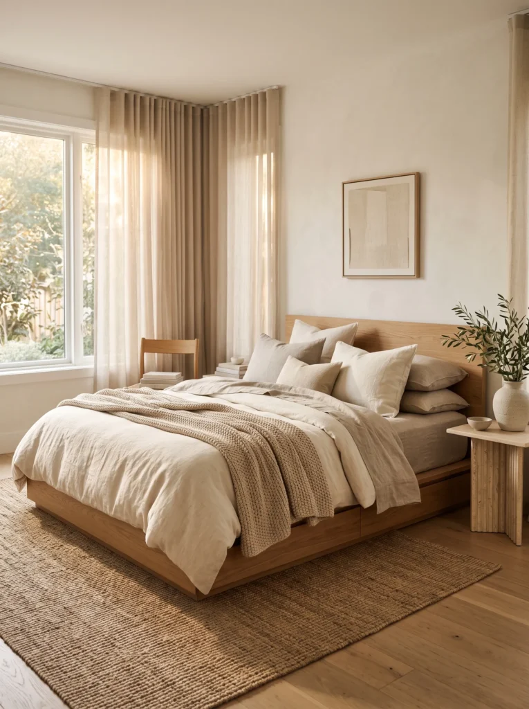 Layered ivory and oatmeal linen bedding in an earthy minimalist bedroom